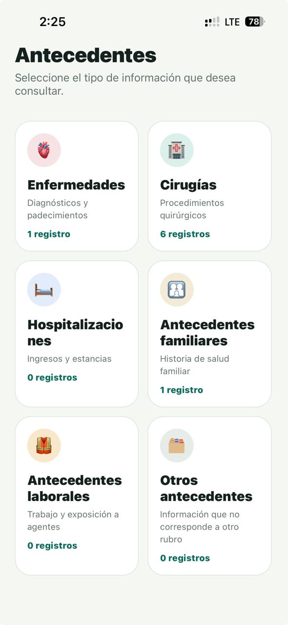 Pantalla actual de PPS Salud con antecedentes organizados por categoría