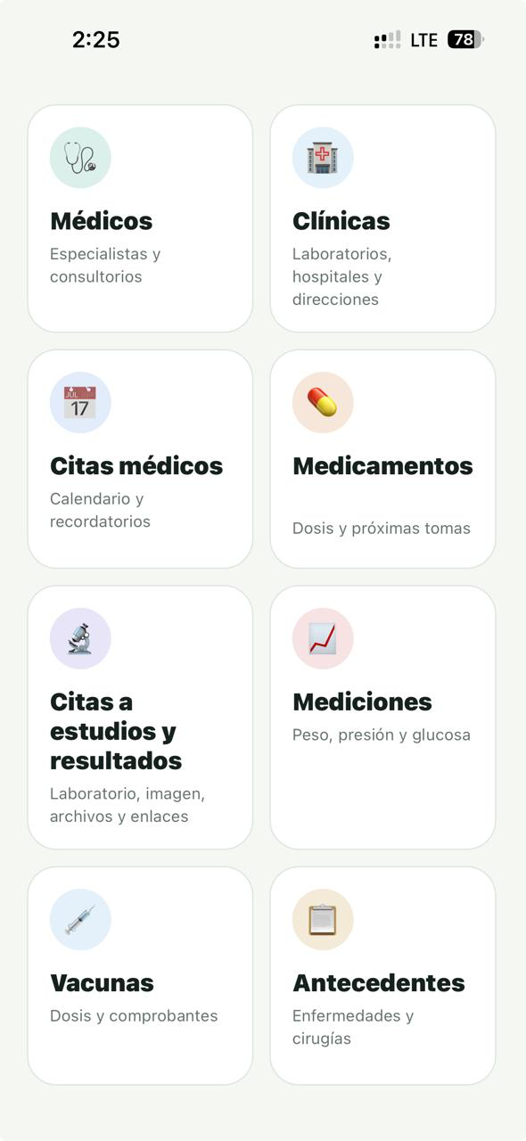 Pantalla actual de PPS Salud con las secciones del expediente organizadas en tarjetas
