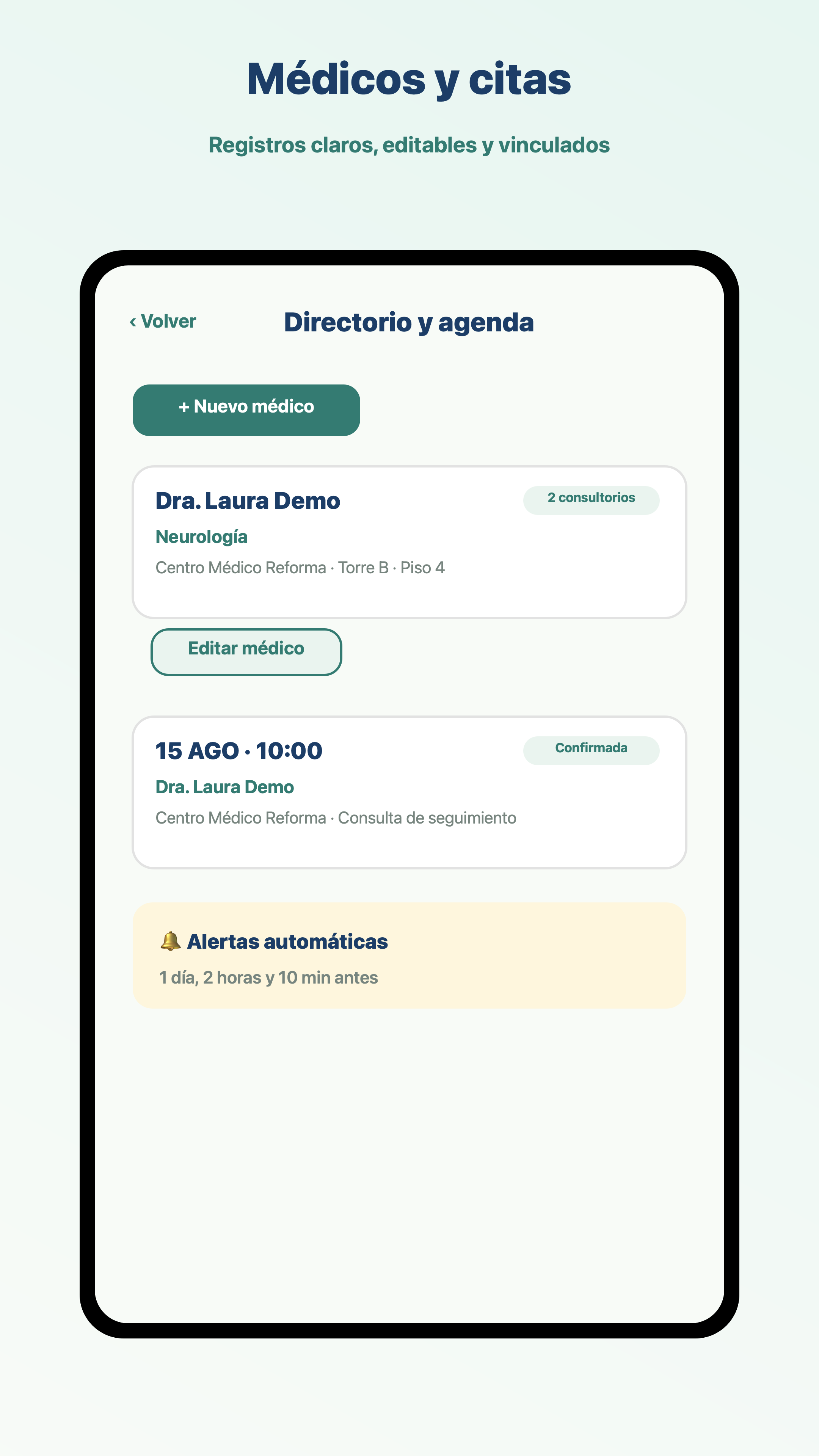 Pantalla real de PPS Salud con médicos, citas y recordatorios