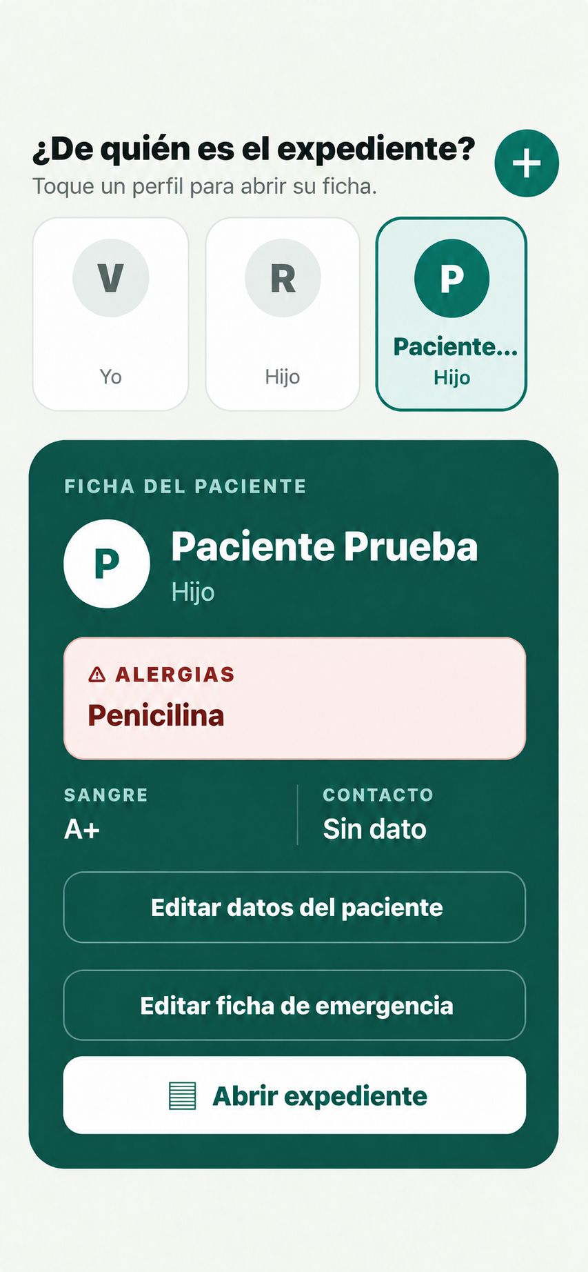 Pantalla real de PPS Salud con perfiles familiares y ficha de emergencia